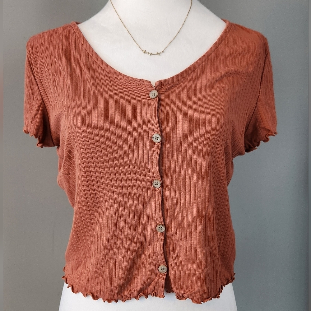 Madewell Rust Ribbed Button-Front Short Sleeve Tee